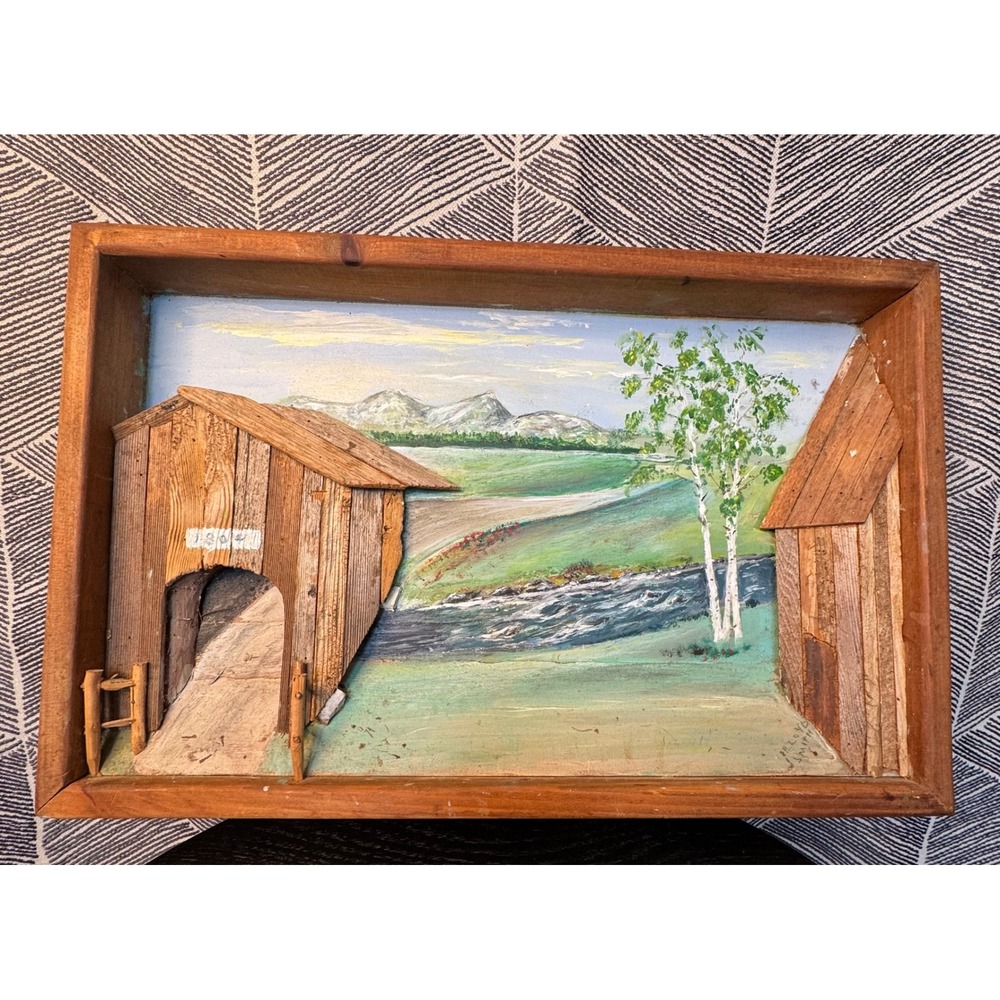 Vintage 3D Wood Covered Bridge Painting Artwork